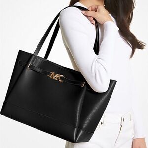 Michael Kors Reed Large Leather Belted Tote Shoulder Purse Bag - Black